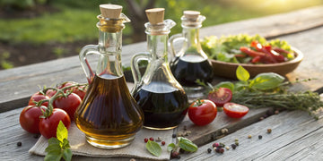 The best Greek balsamic vinegar for salads, shown with fresh tomatoes and herbs.