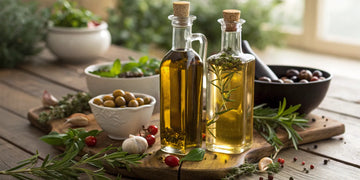 Bottles of olive oil and vinegar with fresh herbs, key ingredients for the perfect dressing ratio.