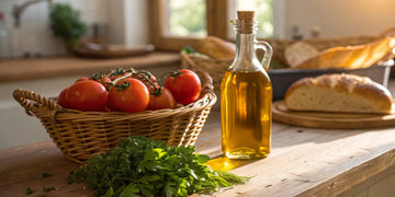 Authentic Greek food products like olive oil, herbs, and bread available to buy online.