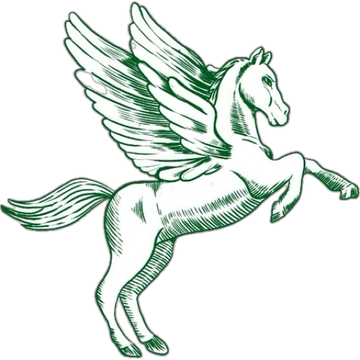 Green line drawing of a winged horse on a white background